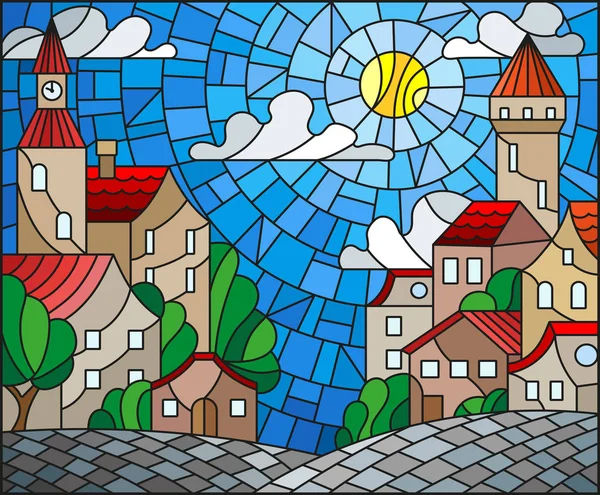 Ilustrasi dalam gaya kaca patri, lanskap perkotaan, atap dan pohon terhadap langit dan matahari siang - Stok Vektor