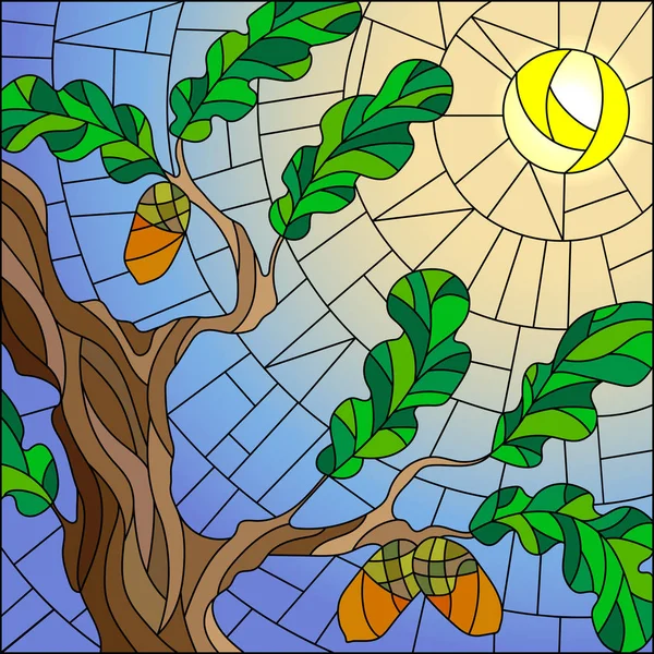 Illustration en style vitrail avec des branches vertes de chêne sur fond de ciel et de soleil — Image vectorielle