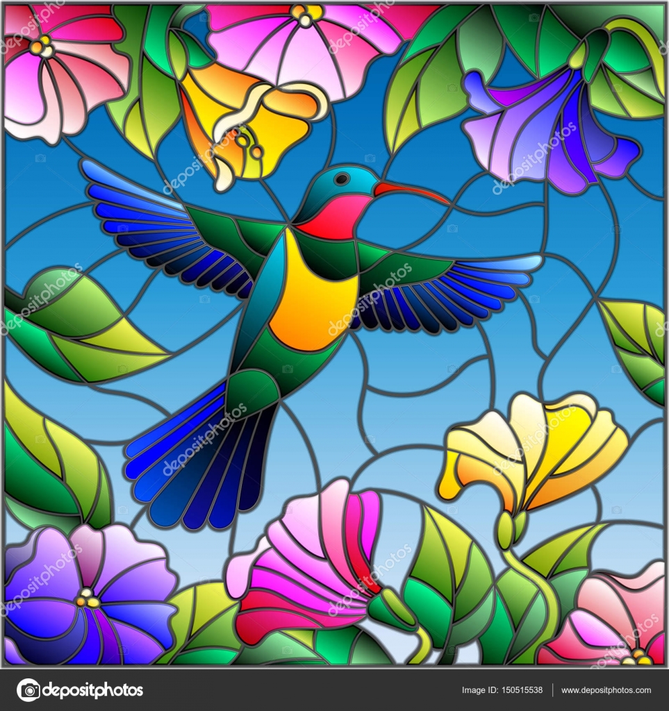 Ilration In Stained Glass Style With Colorful Hummingbird On Ilration In Stained Glass Style With Colorful Hummingbird On Background Of The Sky Greenery And
