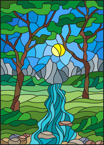 Иллюстрация в витражном стиле со скалистым ручьем на фоне Солнечного неба, гор, деревьев и полей