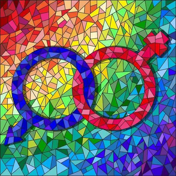 Illustration dans le style vitrail avec des signes masculins et féminins sur le fond fissuré arc-en-ciel — Image vectorielle
