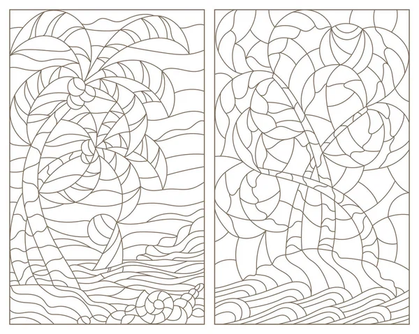 Décors contour des vitraux des paysages tropicaux, île aux palmiers face au ciel, à l'océan et au soleil — Image vectorielle