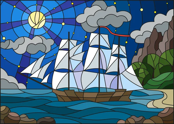Ilustrasi dalam gaya kaca patri dengan perahu layar melawan langit berbintang, laut dan bulan - Stok Vektor