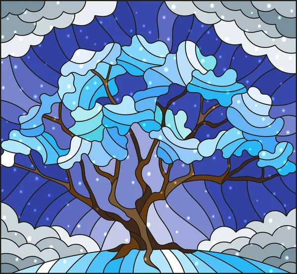 İllüstrasyon kar ile gökyüzü arka plan üzerinde kış ağacıyla vitray tarzında — Stok Vektör