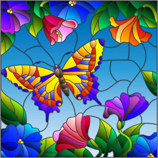 Ilustração em estilo vitral com borboleta brilhante contra o céu, folhagem e flores —  Vetores de Stock