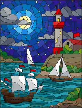 Deniz Manzaralı, üç gemi ve kıyı vitray stiliyle sterry bulut gökyüzü, ay ve deniz resimde arka planda bir deniz feneri ile