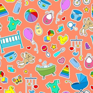 Dikişsiz desen çocukluk ve yeni doğan bebekler, Bebek aksesuarları ve oyuncaklar konulu basit renk turuncu zemin üzerine simgeleri yamalar.