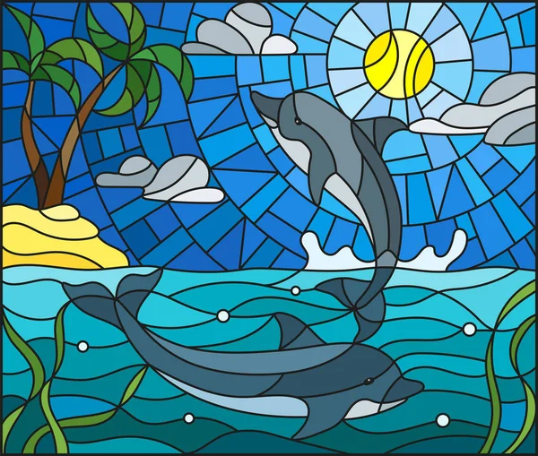 Ilustración en estilo vitral con un par de delfines sobre el fondo de agua, nubes, cielo, sol e islas con palmeras — Archivo Imágenes Vectoriales