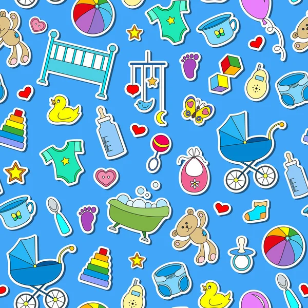 Padrão sem costura sobre o tema da infância e bebês recém-nascidos, acessórios para bebês e brinquedos, ícones de adesivos de cor simples no fundo azul — Vetor de Stock
