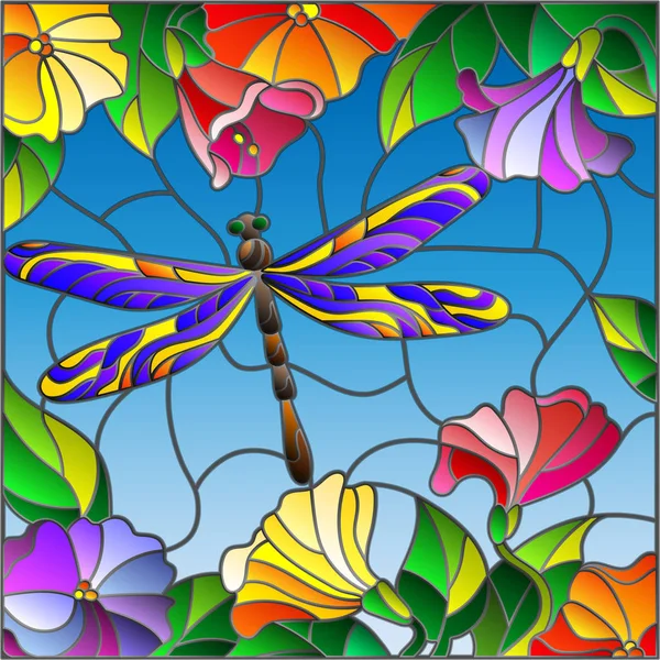 Ilustración en estilo vitral con libélula brillante contra el cielo, follaje y flores — Vector de stock