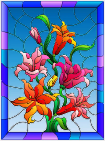 Ilustración en estilo vitral con flores, brotes y hojas de Lily — Archivo Imágenes Vectoriales