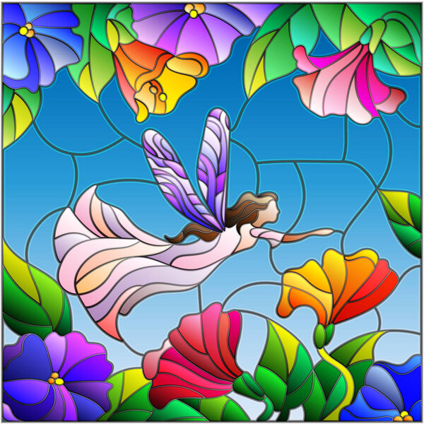 Illustration in stained glass style with a winged fairy in the sky, flowers and greenery