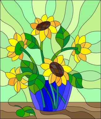 Tabloda yeşil zemin üzerine mavi bir vazoda ayçiçeği buketleri ile vitray tarzında illüstrasyon