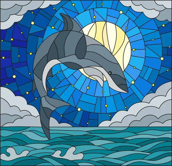 Illustration im Glasmalereistil mit einem Hai auf dem Hintergrund von Wasser, Wolke, Sternenhimmel und Mond — Stockvektor