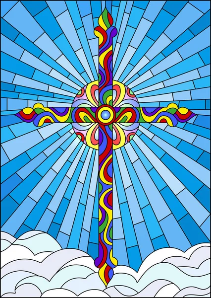 Απεικόνιση σε χρωματισμένο γυαλί στυλ με φωτεινό σταυρό σε φόντο μπλε του ουρανού και τα σύννεφα — Διανυσματικό Αρχείο