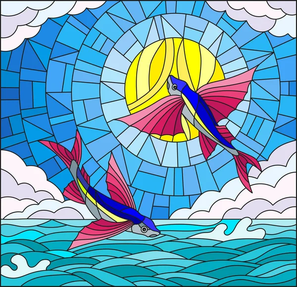 Ilustração em estilo vitral com um par de peixes voadores no fundo da água, nuvem, céu e sol —  Vetores de Stock