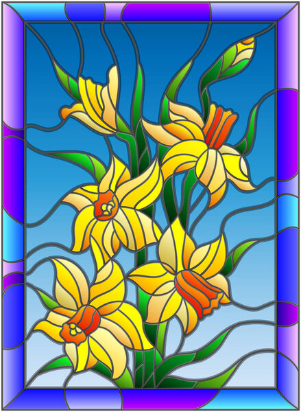 Illustration in stained glass style with daffodils on blue background in a bright blue frame 