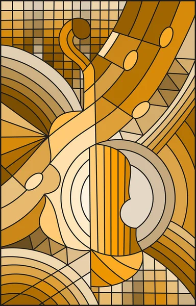 Ilustração em estilo vitral sobre o tema da música, a forma de um violino abstrato sobre fundo geométrico, tom marrom, sépia — Vetor de Stock