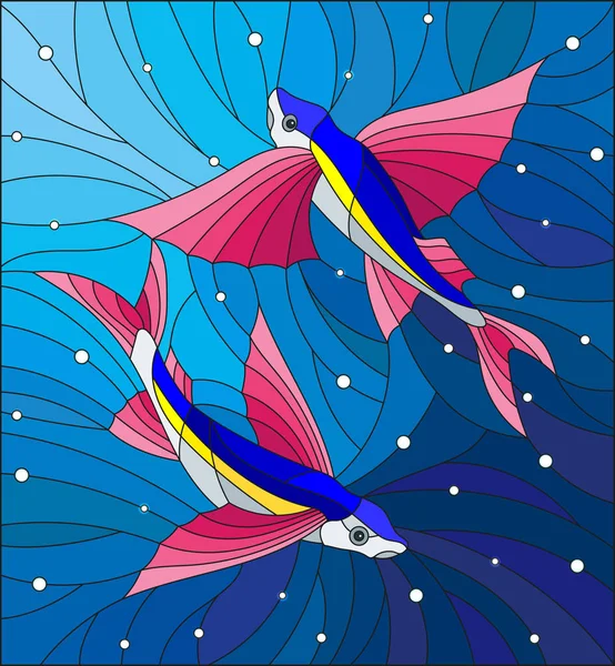 Illustration in the style of stained glass with two flying fishes manta rays on the background of water and air bubbles — Stock Vector