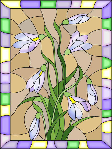 Illustration in stained glass style with bouquet of  white snowdrops  on a   beige background in a bright frame
