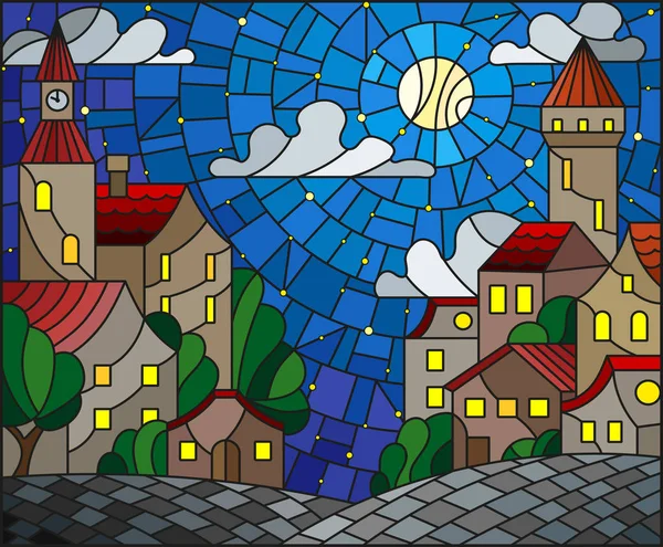 Ilustración en estilo vitral, paisaje urbano, techos y árboles contra el cielo estrellado, nubes y luna — Archivo Imágenes Vectoriales