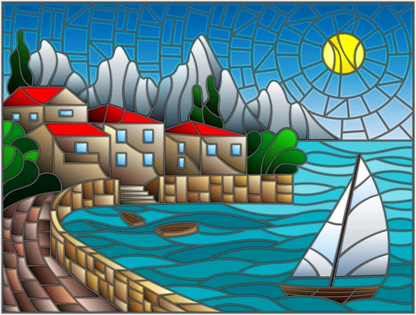 ภาพวาดในสไตล์กระจกสีด้วยเรือใบบนพื้นหลังของอ่าวที่มีเมืองทะเลและดวงอาทิตย์ของท้องฟ้ากลางวัน — ภาพเวกเตอร์สต็อก