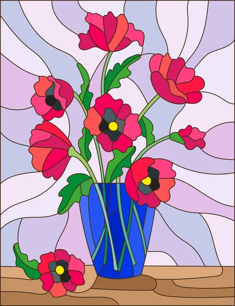 Illusztráció csokrok ólomüveg stílusosan rózsaszín mák virág a kék vázában táblázatot a világos háttér — Stock Vector
