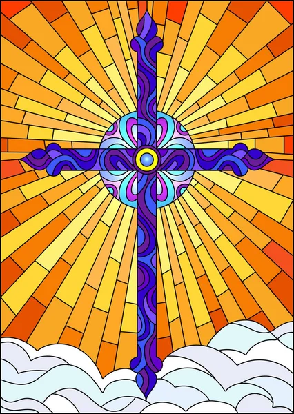 Illustration im Glasmalereistil mit blauem hellen Kreuz auf orangefarbenem Himmel und Wolken — Stockvektor