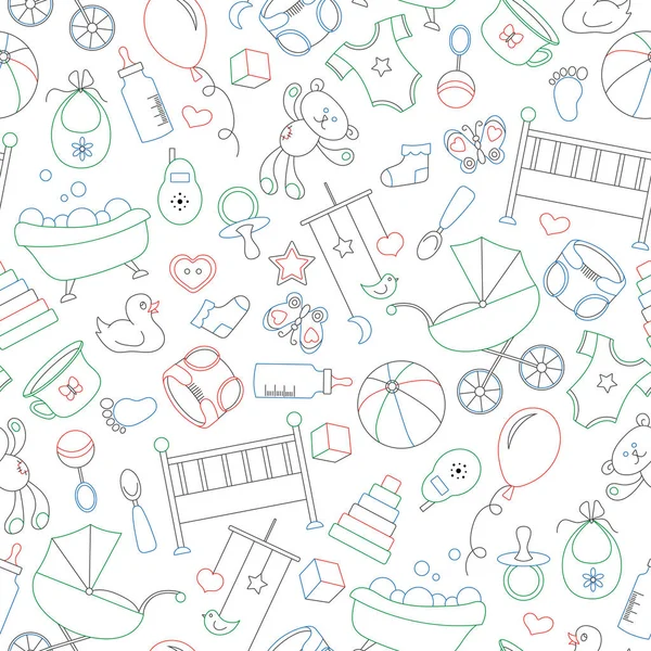 Motif sans couture sur le thème de l'enfance et du nouveau-né, accessoires et jouets pour bébés, icônes de contour simples, dessinées avec des marqueurs de couleur sur fond blanc — Image vectorielle