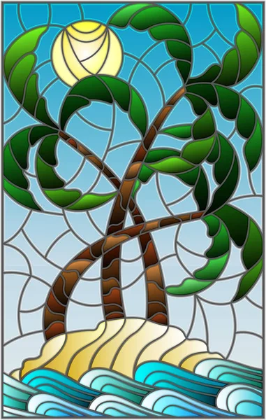 Иллюстрация в витражном стиле с тропическим морским пейзажем, кокосовые пальмы на песчаном пляже на фоне солнечного неба — стоковый вектор