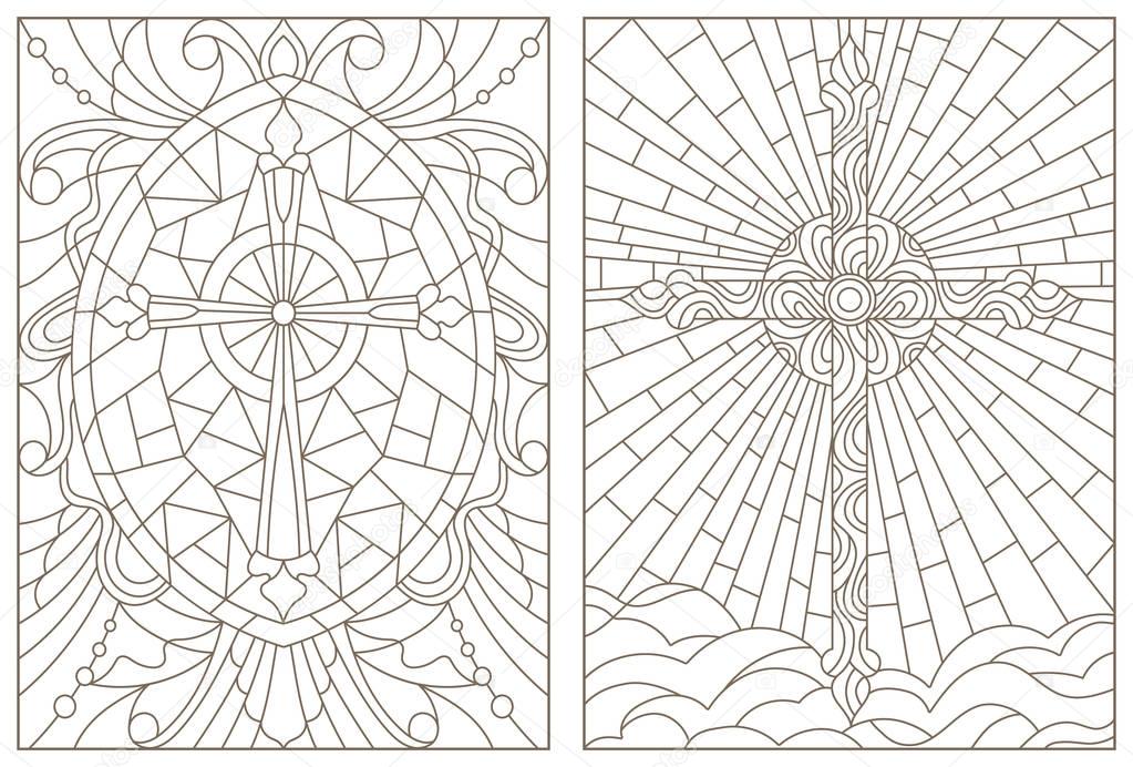 Set contour illustrations of stained glasses with Christian cross