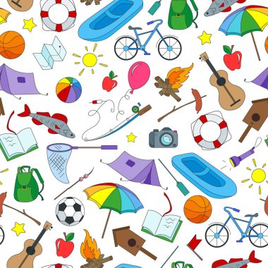 Yaz kampı ve beyaz arka plan üzerinde tatil basit simgeler konulu seamless modeli