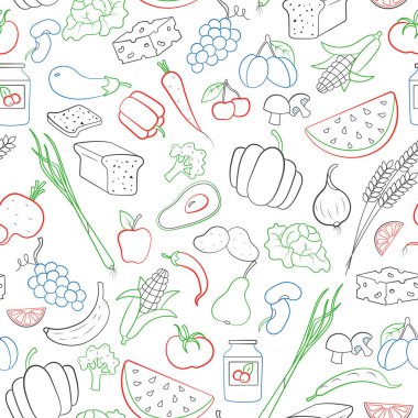 Vejetaryenlik, bakkal simgeler, basit kontür simgeler konulu Dikişsiz desen beyaz arka plan üzerinde renkli işaretleri ile çizilir