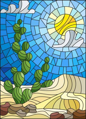 Vitray tarzı resim çöl manzara ile bir lbackground tepeleri, gökyüzü ve güneş kaktüs çizimde