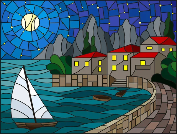 Illustrationen i målat glas stil målning med en segelbåt på bakgrunden av bukten med staden, havet och stjärnklara himlen och månen — Stock vektor