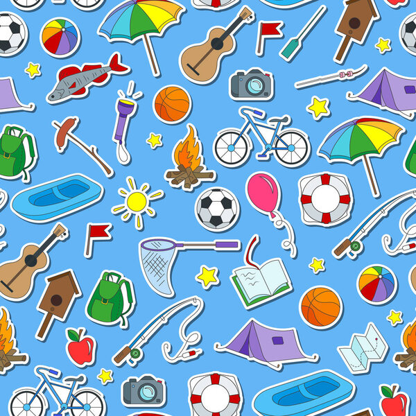 Seamless pattern on the theme of summer camp and vacations, icons stickers on blue background