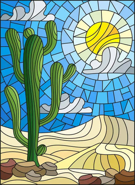 砂漠の風景で日本画風のステンド グラス、砂丘、空と太陽の lbackground のサボテンの図 — ストックベクタ