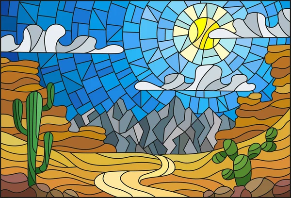 La ilustración en pintura estilo vitral con paisaje desértico, cactus en un fondo de dunas, cielo y sol — Archivo Imágenes Vectoriales