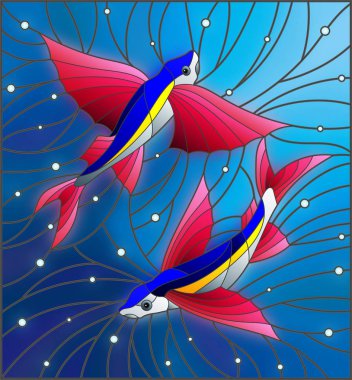 Vitray su ve hava kabarcıkları arka plan üzerinde iki Uçan balıklar ile tarzı çizimi