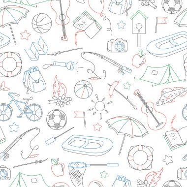Dikişsiz desen yaz kampı ve tatil konulu basit kontur simgeleri ile çizilir işaretleri beyaz arka plan üzerinde renkli.