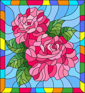 Vitray tarzı çiçek ve aydınlık bir çerçeve mavi zemin üzerine gül yaprakları ile resimde