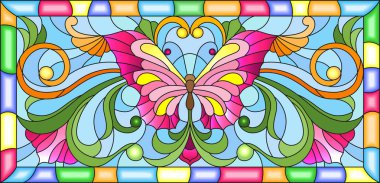 Vitray tarz ile parlak kelebek ve çiçek süsleme bir çerçeve içinde mavi bir arka plan üzerinde resimde 