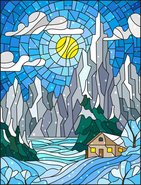 Illustration i målat glas stil med ett ensamt hus på en bakgrund av snö — Stock vektor