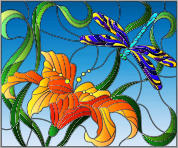 Εικονογράφηση στο λεκιασμένο γυαλί στυλ με φωτεινά dragonfly ενάντια σε τον ουρανό, το φύλλωμα και το λουλούδι του κρίνου — Διανυσματικό Αρχείο