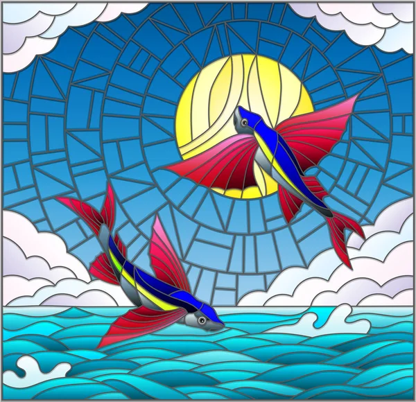 Ilustración en estilo vitral con un par de peces voladores sobre el fondo de agua, nubes, cielo y sol — Vector de stock