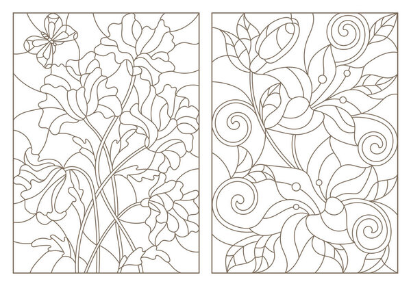 Set contour illustrations in the stained glass style with floral pattern , bouquet by poppies and lilies , dark outline on a white background