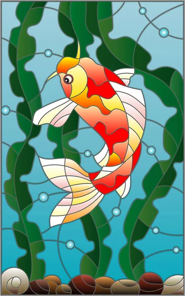 Ilustrasi dalam gaya kaca patri dengan ikan mas di latar belakang air dan ganggang - Stok Vektor