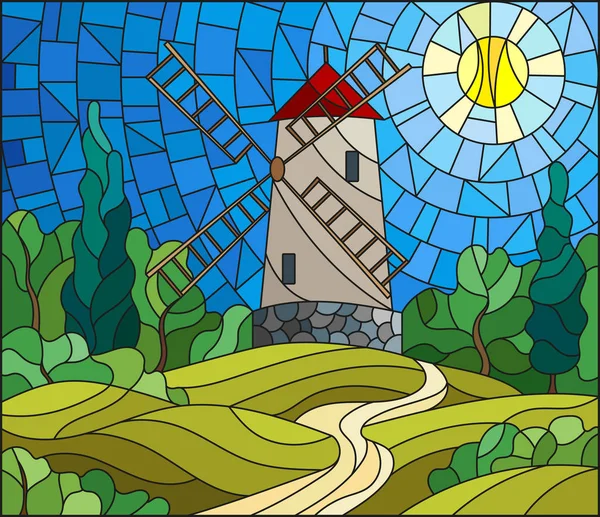 La imagen en el paisaje de vidrieras con un molino de viento sobre un fondo de cielo y sol — Vector de stock