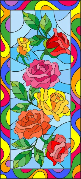 Illustration in stained glass style with flowers  and leaves of  rose in a bright frame,vertical orientation — Stock Vector