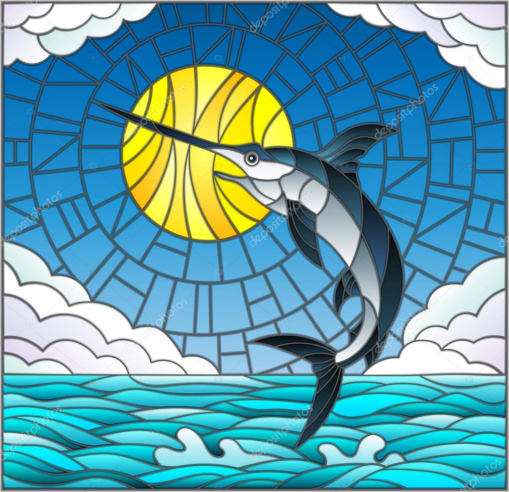 Illustration in stained glass style with a fish swordfish on the background of water ,cloud, sky and sun